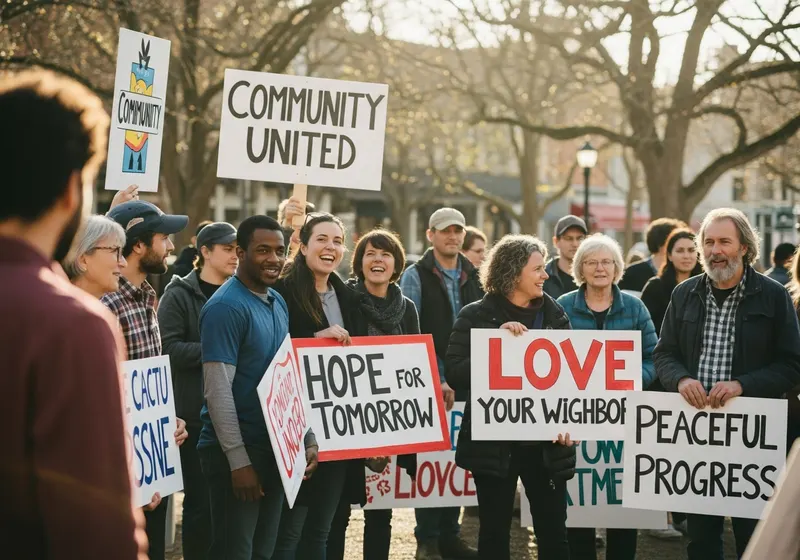 A diverse group of activists holding signs at a peaceful community rally