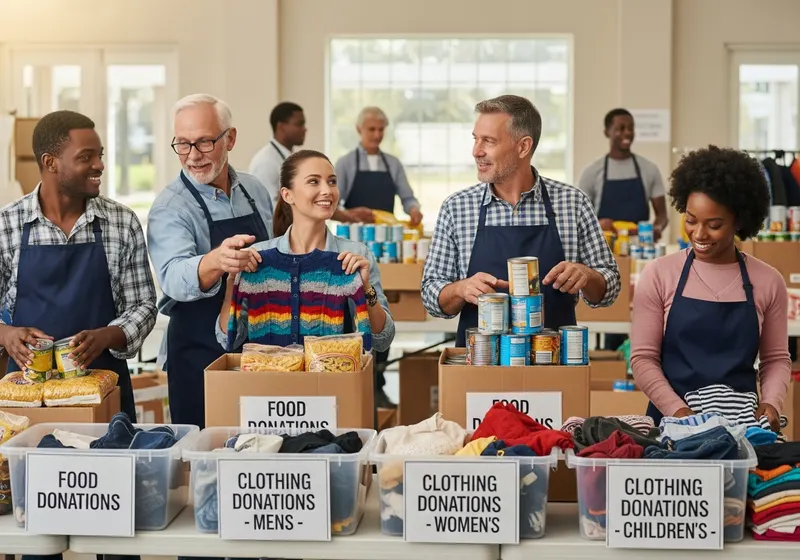 Cheerful volunteers sorting donated food and clothing at a charity drive