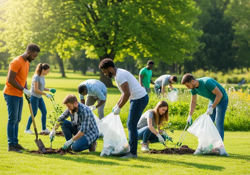 A diverse group of volunteers planting trees and cleaning up a park