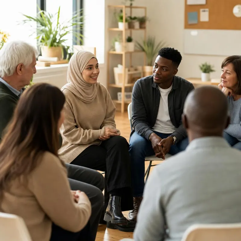 Adults seated in a supportive circle during a group meeting