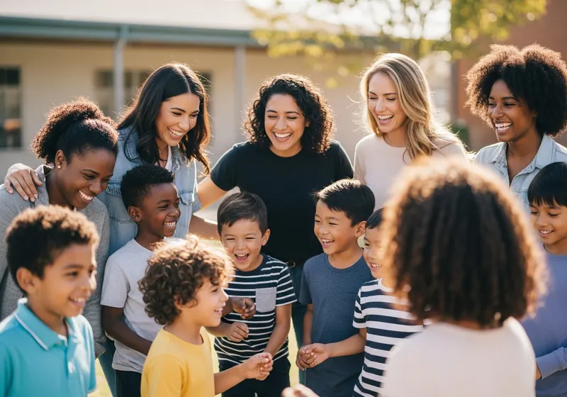 A racially diverse group of smiling children and parents at a school community gathering