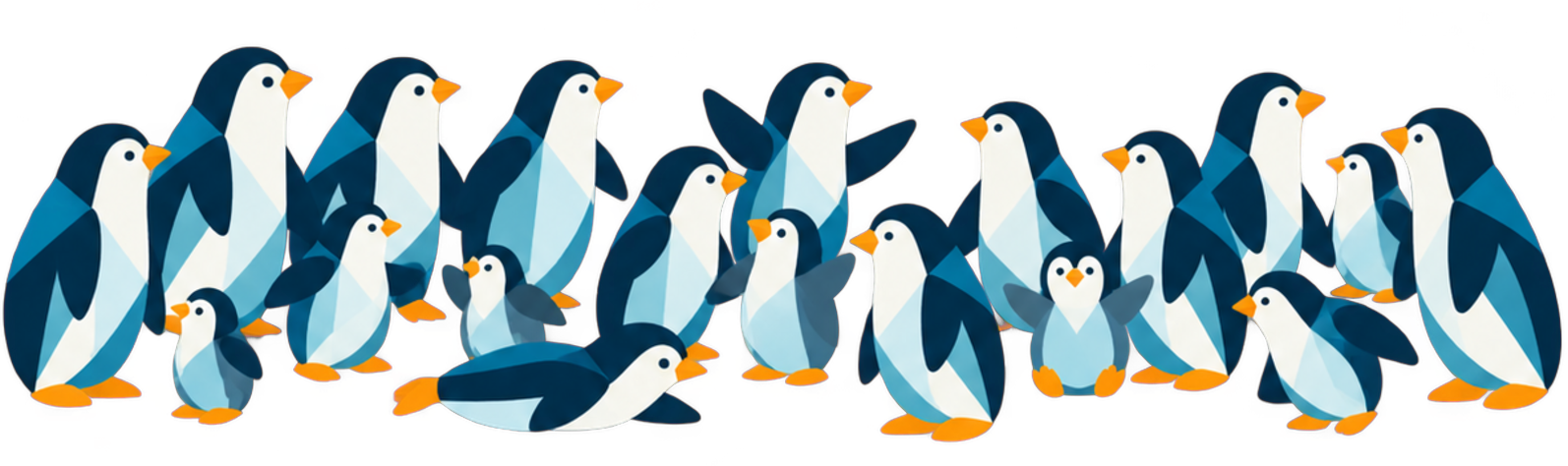 Illustration of a big, cheerful crowd of penguins gathered together as a community