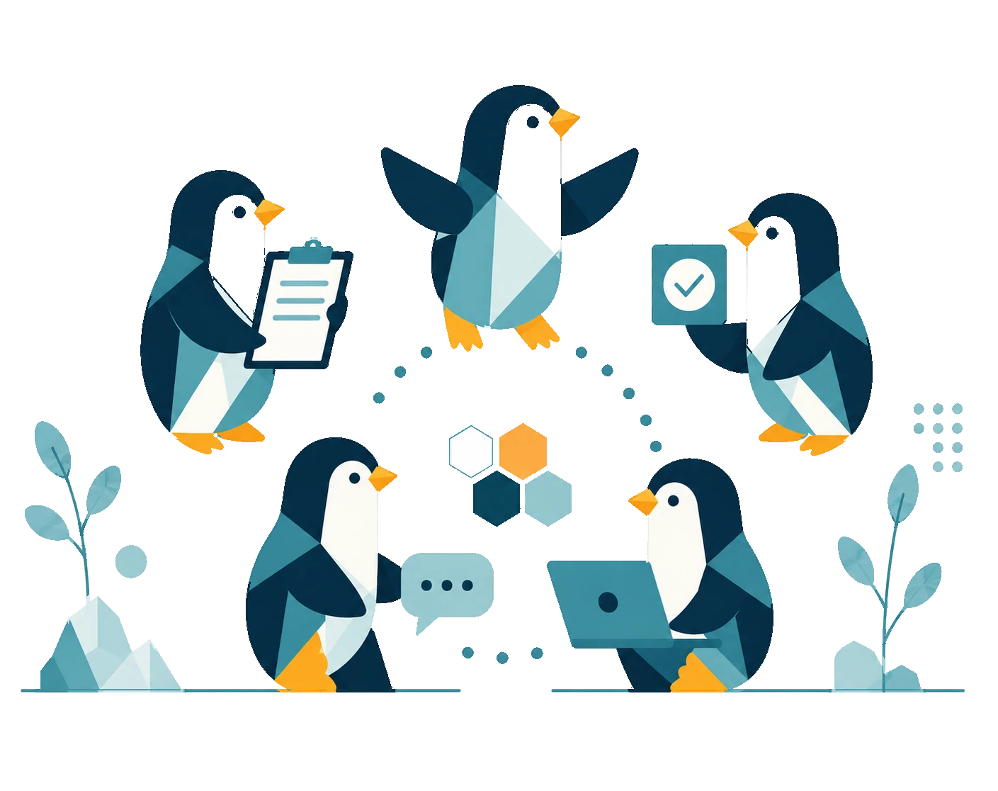 Illustration of penguins working together as a team with a clipboard, checklist, chat bubble, and laptop