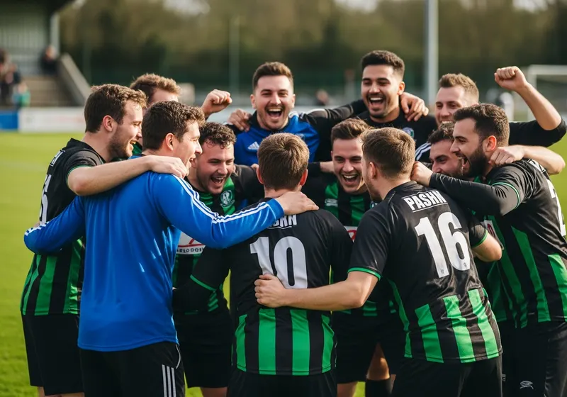 A local sports team in jerseys celebrating together on a field