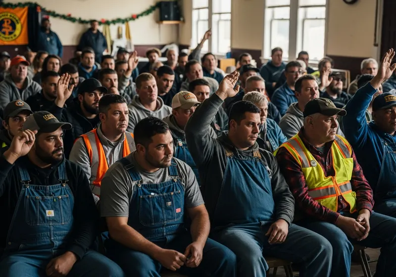 Union members gathered at a meeting raising their hands to vote